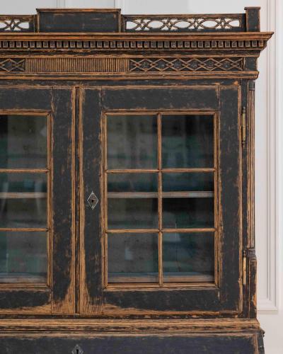 Louis XVI Style Secretary with Glass Doors Repainted Black Blue Interior