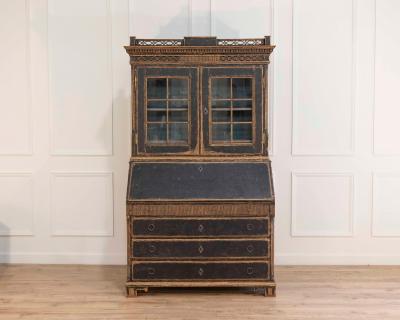 Louis XVI Style Secretary with Glass Doors Repainted Black Blue Interior