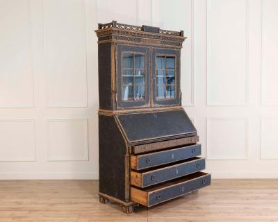 Louis XVI Style Secretary with Glass Doors Repainted Black Blue Interior