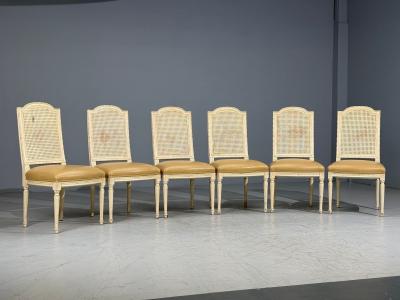 Louis XVI Style Six Dining Chairs Painted Wood Cane Leather 20th c 