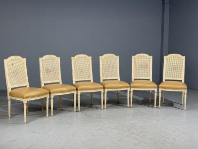 Louis XVI Style Six Dining Chairs Painted Wood Cane Leather 20th c 
