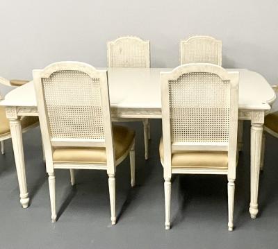 Louis XVI Style Six Dining Chairs Painted Wood Cane Leather 20th c 