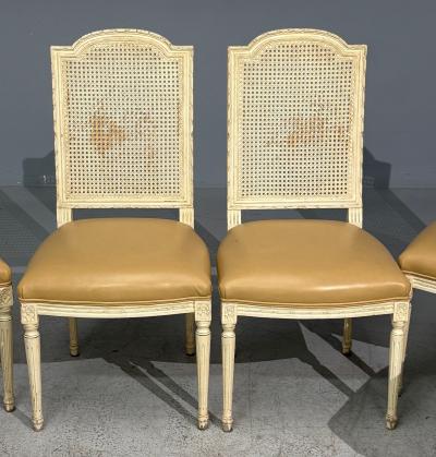 Louis XVI Style Six Dining Chairs Painted Wood Cane Leather 20th c 