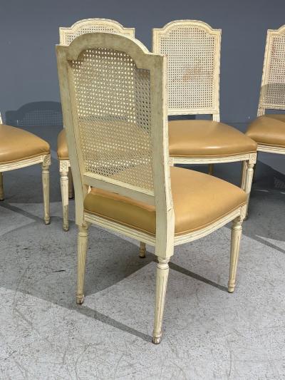 Louis XVI Style Six Dining Chairs Painted Wood Cane Leather 20th c 
