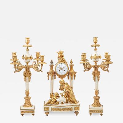 Louis XVI Style Three Piece Clock Garniture Gilt Bronze Marble France 1920s
