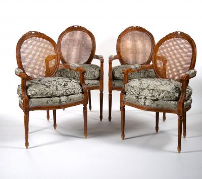 Louis XVI Style Walnut Caned Needlepoint Lounge Chairs