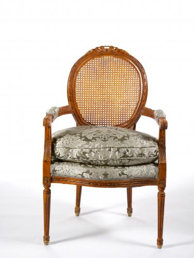 Louis XVI Style Walnut Caned Needlepoint Lounge Chairs