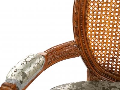 Louis XVI Style Walnut Caned Needlepoint Lounge Chairs