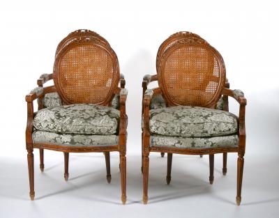 Louis XVI Style Walnut Caned Needlepoint Lounge Chairs