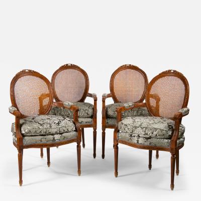 Antique Dining Chairs Louis XVI French Walnut Wood Cane Rattan 1900