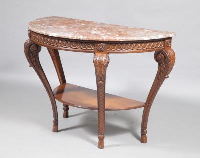 Louis XVI Style Walnut Framed Marble Top Demilune Console Table