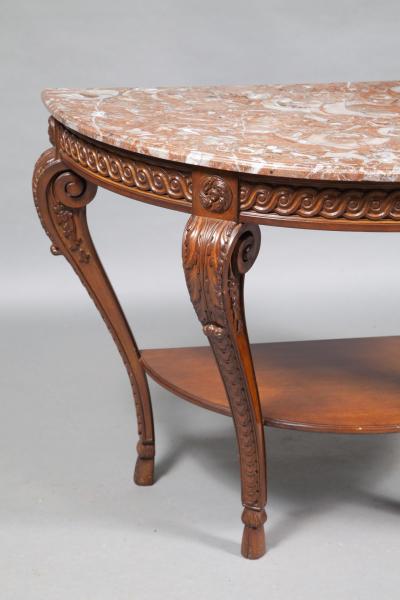 Louis XVI Style Walnut Framed Marble Top Demilune Console Table