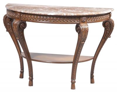 Louis XVI Style Walnut Framed Marble Top Demilune Console Table