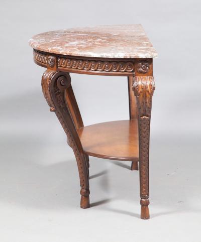 Louis XVI Style Walnut Framed Marble Top Demilune Console Table