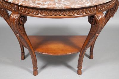 Louis XVI Style Walnut Framed Marble Top Demilune Console Table