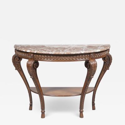 Louis XVI Style Walnut Framed Marble Top Demilune Console Table