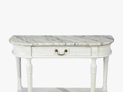 Louis XVI Style White Demilune Console Table Wood Marble France 1960s