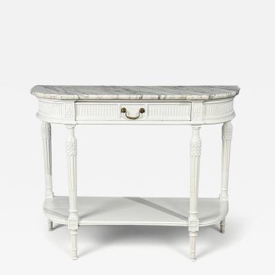 Louis XVI Style White Demilune Console Table Wood Marble France 1960s
