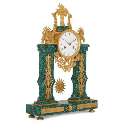 Louis XVI architectural gilt bronze and malachite clock