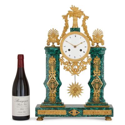Louis XVI architectural gilt bronze and malachite clock