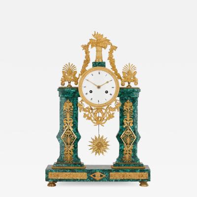 Louis XVI architectural gilt bronze and malachite clock