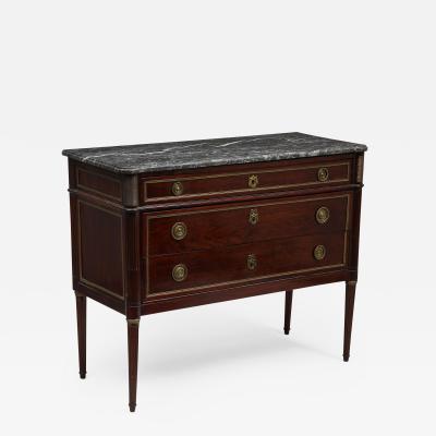 Louis XVI mahogany commode with gilt bronze mounts and marble top