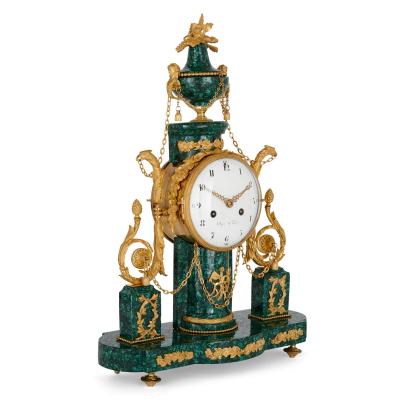 Louis XVI period Neoclassical ormolu and malachite mantel clock