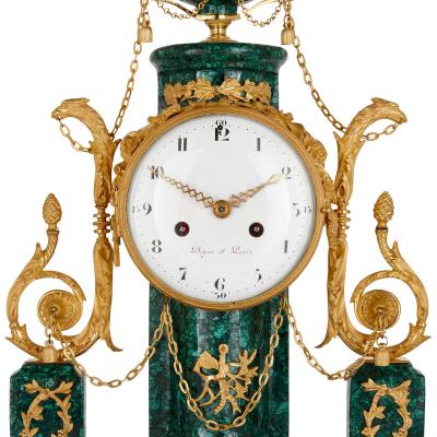 Louis XVI period Neoclassical ormolu and malachite mantel clock