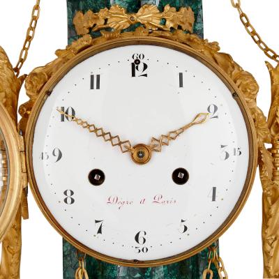 Louis XVI period Neoclassical ormolu and malachite mantel clock
