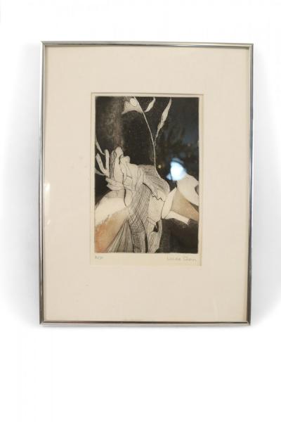 Louise Stern Black and Beige Abstract Etching in Silver Frame