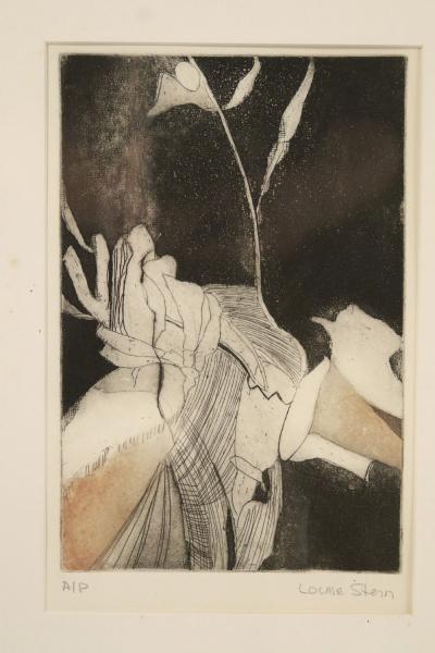 Louise Stern Black and Beige Abstract Etching in Silver Frame