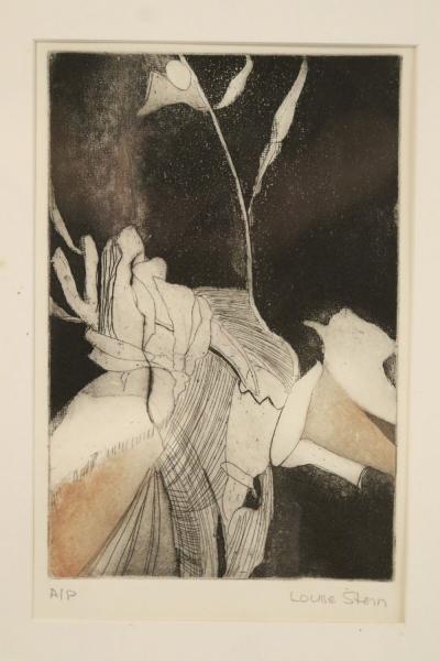 Louise Stern Black and Beige Abstract Etching in Silver Frame