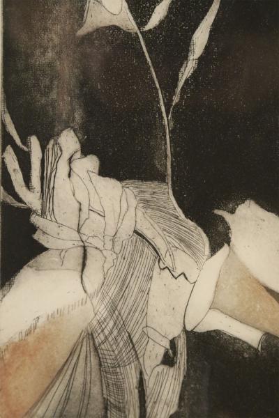Louise Stern Black and Beige Abstract Etching in Silver Frame