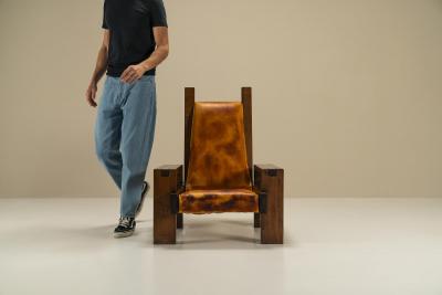 Lounge Chair In Elm And Leather In The Manner Of Pierre Chapo France 1970s