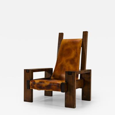 Lounge Chair In Elm And Leather In The Manner Of Pierre Chapo France 1970s