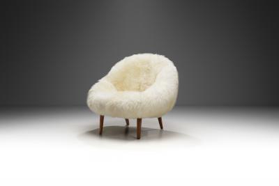 Lounge Chair Upholstered in Off White Sheepskin Denmark 1960s