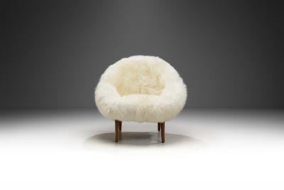 Lounge Chair Upholstered in Off White Sheepskin Denmark 1960s
