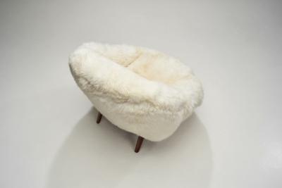 Lounge Chair Upholstered in Off White Sheepskin Denmark 1960s