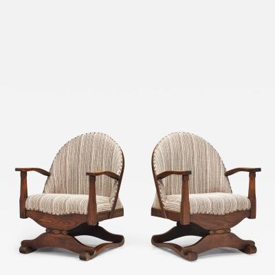 Lounge Chairs with Dark Stained Oak Frames and Carved Details Spain 1930s