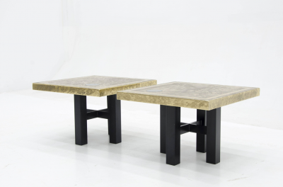 Lova Creations A pair of etched brass side tables inlaid of Labradorite stone by Lova Creation 