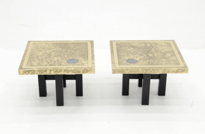 Lova Creations A pair of etched brass side tables inlaid of Labradorite stone by Lova Creation 