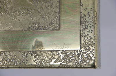 Lova Creations A pair of etched brass side tables inlaid of Labradorite stone by Lova Creation 