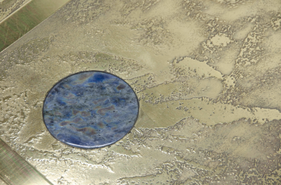 Lova Creations A pair of etched brass side tables inlaid of Labradorite stone by Lova Creation 