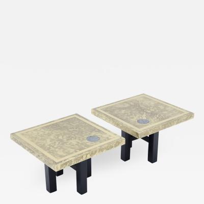 Lova Creations A pair of etched brass side tables inlaid of Labradorite stone by Lova Creation 