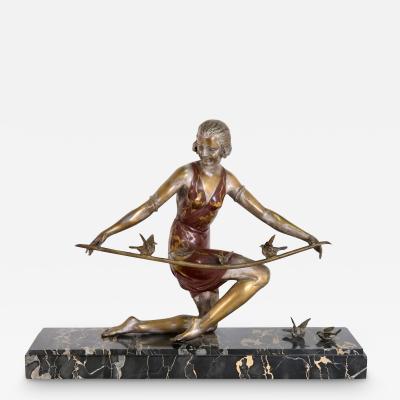 Lovely Art Deco Bronze Sculpture of a Girl with Sparrows on a Portor Marble Base