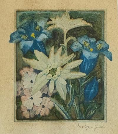 Lovely Framed Edelweiss Lithography Early 20th Century