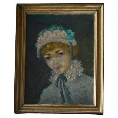 Lovely Interbellum Oil Portrait of a Woman in Flowered Bonnet Belgium 1920s