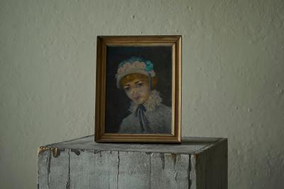 Lovely Interbellum Oil Portrait of a Woman in Flowered Bonnet Belgium 1920s