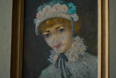 Lovely Interbellum Oil Portrait of a Woman in Flowered Bonnet Belgium 1920s