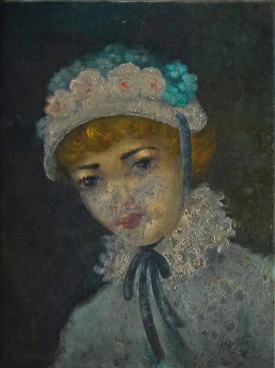 Lovely Interbellum Oil Portrait of a Woman in Flowered Bonnet Belgium 1920s
